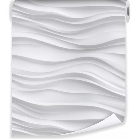 Papier peint abstrait vagues 3d blanc gris sur molleton mur salon chambre coucher
