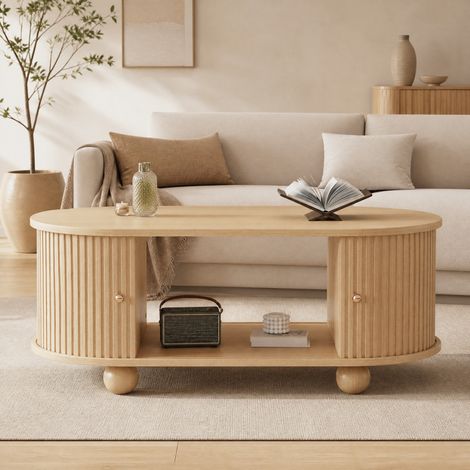 Tavolino ovale con contenitore e ante scorrevoli, 100 x 50 x 40 cm, MDF color legno DESVIAE (1/5)