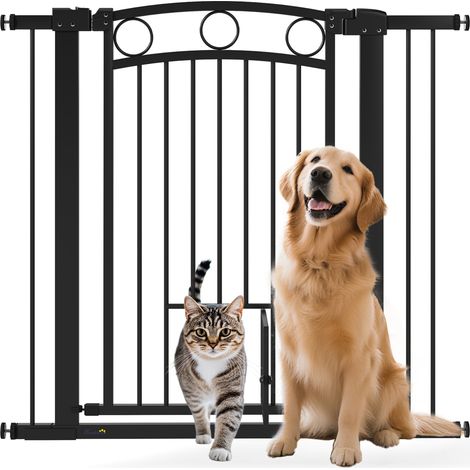 Barrière pour animaux, noire, doté de chatière, pour escaliers et portes, barrière d'escalier de 96 cm, largeur ajustable de 76 à 104 cm (1/5)