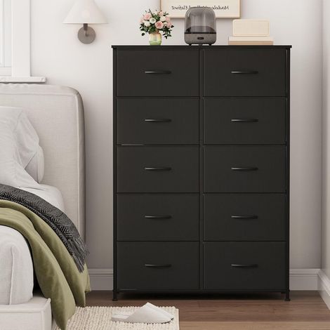 Commode 10 tiroirs tissu noir 80x30x114.5cm pour chambre et salon (1/5)