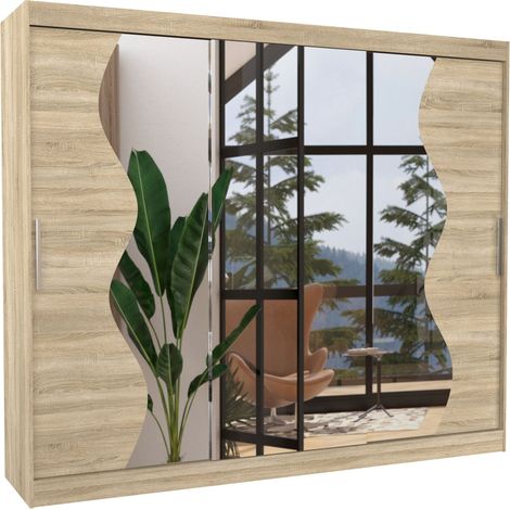Les Tendances – Armoire de chambre 3 portes coulissantes 250 cm – Bois naturel mat et miroir biseauté – Aménagement intérieur avec penderie et étagères réglables (1/4)