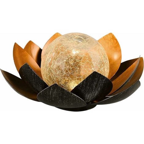 Lampe solaire à LED en forme de fleur en verre craquelé - Décoration de jardin - Lanterne solaire en métal - Nénuphar - Lampe de table d'extérieur (orange) (1/5)