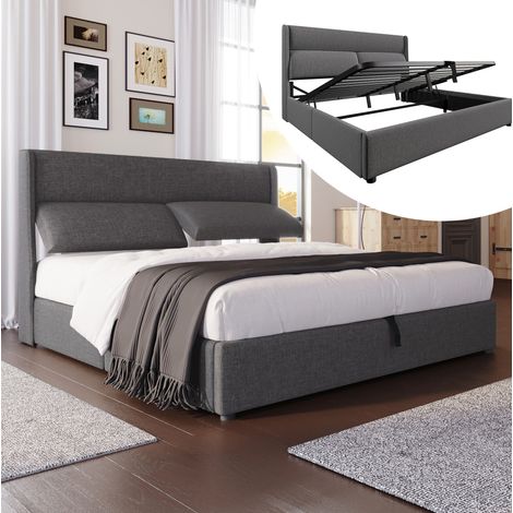 Bett mit Stauraum Leinen Grau 180x200 cm, hydraulisches Bettgestell mit verstellbarer Kopfstütze und Metall-Lattenrost (1/5)