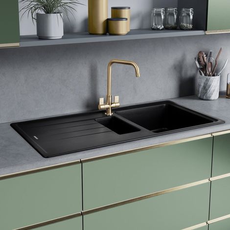 Rangemaster Elements Kitchen Sink 1.5 Bowl Black Granite Inset Reversible Waste (1/4)