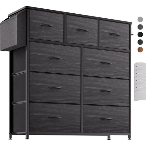 Stoffkommode mit 9 Schubladen, Seitentasche & Haken, schwarze Holzmaserung (1/5)