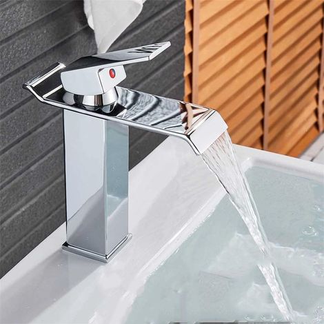 Waschbeckenarmatur für Warm- und Kaltwasser, Wasserfallarmatur, Einhebel-Waschtischarmatur, Mischbatterie aus schwarzem Messing (1/5)