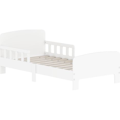 Lit pour enfant au sol avec barrières de sécurité hautes, sommier à lattes et cadre robuste 143,5 × 74,2 × 54 cm, blanc