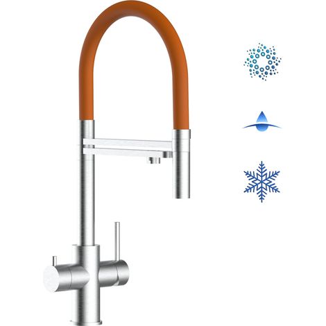 Robinet de Cuisine Mitigeur 5 voies en ACIER INOXYDABLE CHIRURGICAL 316 brosse mat bec orange orientable et douchette 2 jets detachable VIZIO (1/5)