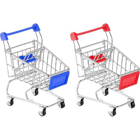 Lot de 2 mini chariots de supermarché pour enfants et adultes - Décoration de table - Support de maquillage - Étagère de rangement (rouge) (1/5)