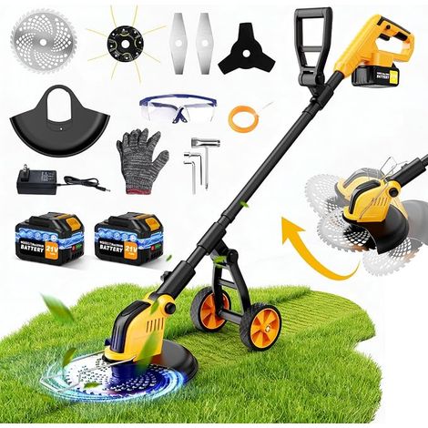 Cordless Electric Brushcutters with Wheel, 30 cm Cordless Edge Cutter with 2 x 3.0Ah Battery and Charger & 4 Types of Blades, Brushless Motor 800 W, Battery Scrubbers for Garden and Lawns (1/5)