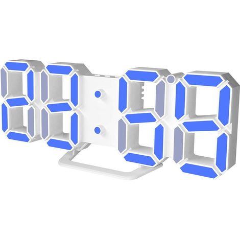 3D-Wecker, LED, digitale Datumsanzeige, Temperatur, Schlummerfunktion, Tischwandbehang – blaues Wort, weiße Muschel