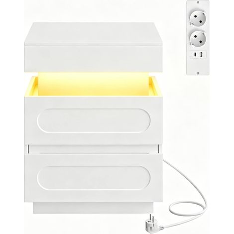 Table de chevet blanche avec fonction de charge intégrée et 2 tiroirs (1/5)