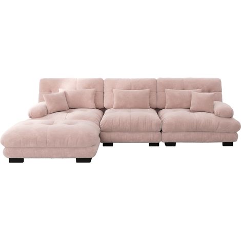 Canapé d'angle modulaire en chenille vintage rose avec ottoman, canapé convertible profond pour salon (1/5)