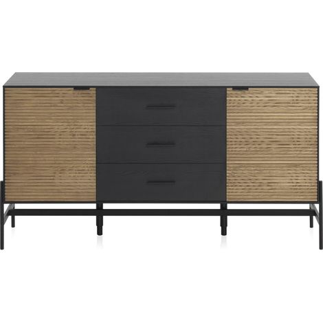 Sideboard, furniert in schwarzer Esche, mit Naturtüren und schwarzen Metallbeinen (1/5)