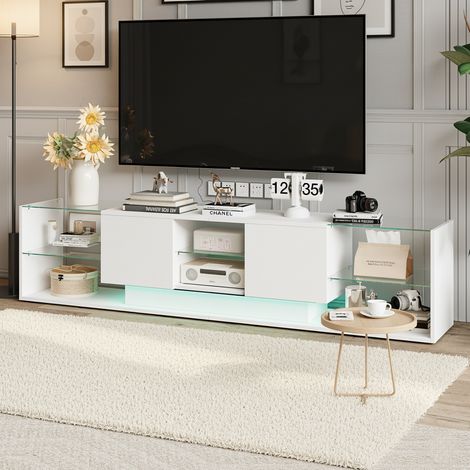 Meuble TV - Finition brillante, 200 cm, éclairage LED 24 couleurs, 2 tiroirs sans poignées, compartiments de rangement en verre trempé - Blanc (1/5)