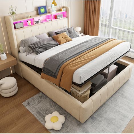 Cama tapizada moderna 140x200 cm beige, con cabecero LED, estantes, USB/Type-C y almacenaje hidráulico (1/5)