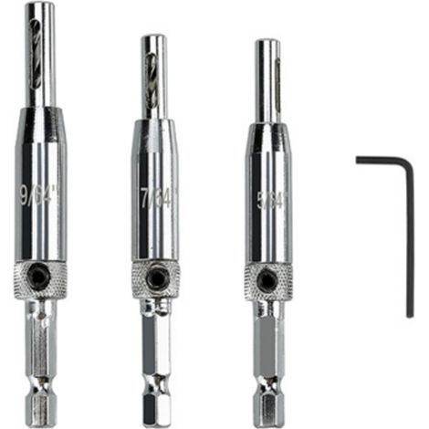 Foret À Charnière Auto-centrant - Foret Guide Pour Porte Fenêtre Bois - Tige Hexagonale 6 mm - Diamètres 2 mm 2,8 mm 3,6 mm - Lot De 3 Avec Clé (1/5)