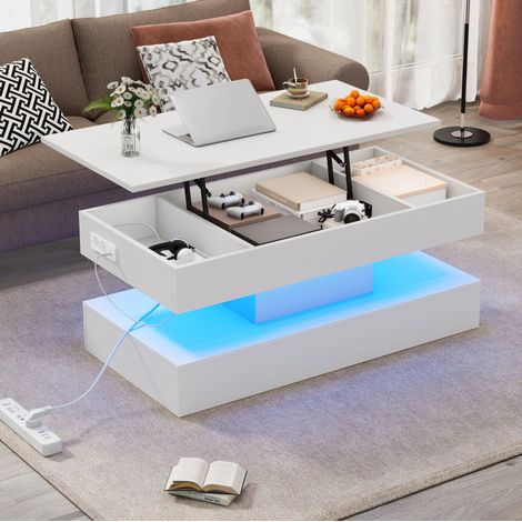 Mesa de centro con LED, tablero elevable y almacenaje oculto, 100 x 50 x 42 cm, blanco HAVRYA (1/5)