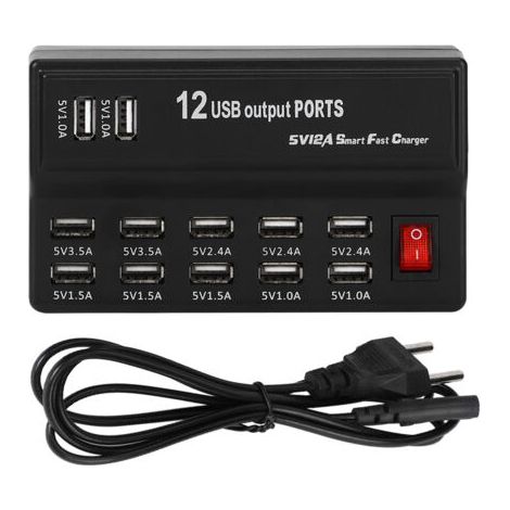 Parasurtenseur 12 Ports Multiples avec Chargeur Rapide Station USB 100-240V Concentrateur de Charge USB International avec Cordon et cosse Plate pour appareils Multiples(UE)