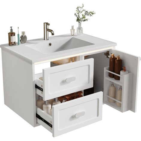 Meuble vasque suspendu 76 x 46 x 51 cm avec LED radar, 2 tiroirs silencieux et lavabo céramique blanc, design moderne pour salle de bain - CHICFURN (1/5)