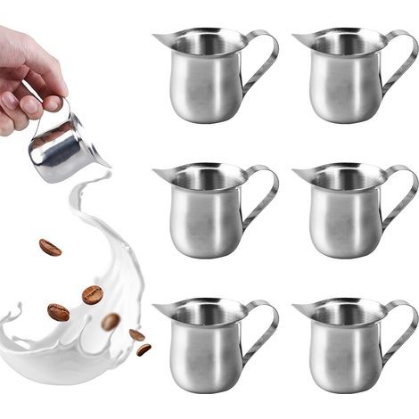 Set of 6 stainless steel 3 oz milk jugs, small espresso milk jug, portable milk frother, barista milk frother, cappuccino (1/5)