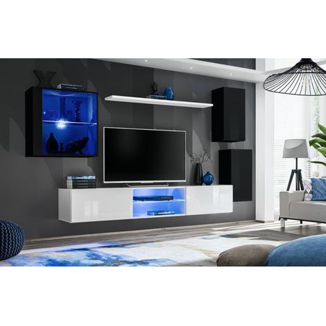 Ensemble meuble TV mural Switch XXIII - L 250 x P 40 x H 140 cm - Blanc et noir - Livraison gratuite
