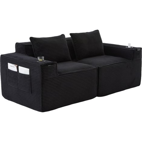 Sofá modular de 2 plazas en pana negra con portavasos, bolsillos laterales y muelles (1/5)