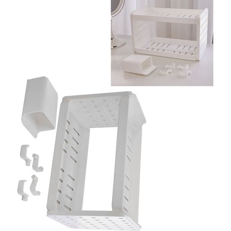 Étagère de bureau double couche, étagère creuse double couche avec crochets et porte-stylos pour cuisine, salle de bain ou bureau, blanc cassé (1/5)