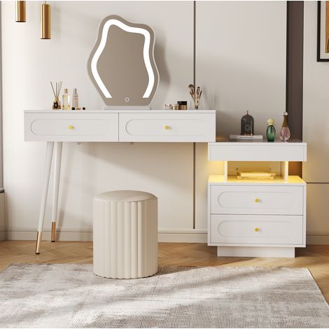 Coiffeuse avec miroir LED, 4 tiroirs et 1 niche, 140x40x130 cm, blanche (1/5)
