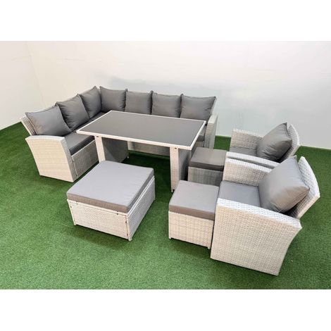 Fimous 11 Seater Wicker Rattan Corner Sofa Sets Outdoor Garden Furniture Sets with Rectangular Dining Table Lounge Sofa 3 Footstools Light Grey (1/5)