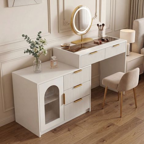 REDOM - Toeletta - 90-160x40x75 cm - piano allungabile - specchio LED a 3 modalità - vani organizzati - MDF - bianco