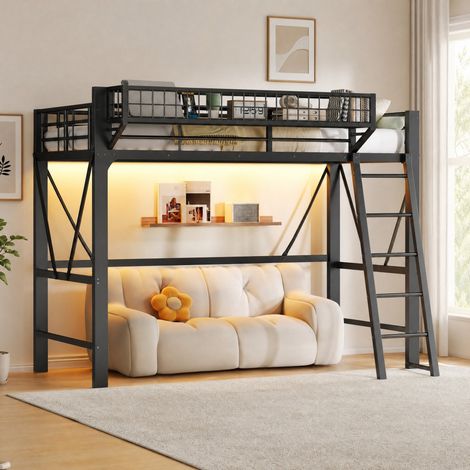 Letto a soppalco in metallo 90 x 200 cm nero con LED e cestino portaoggetti, OKWISH (1/5)