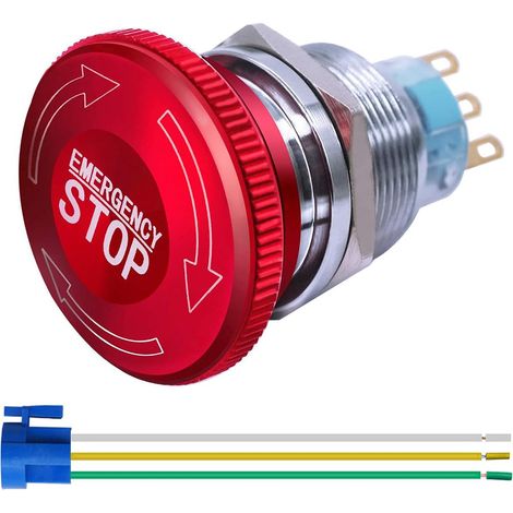 Interrupteur à Bouton-poussoir D'arrêt D'urgence à Verrouillage en Métal en Acier Inoxydable 22mm 12-220V 3A 1NO 1NC avec Prise de Connexion (1/4)