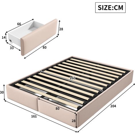 Lit coffre 160x200 cm, avec hydraulique de rangement, 2 tiroirs, sommier à lattes en bois, cadre en métal, lit capitonné en lin - Beige