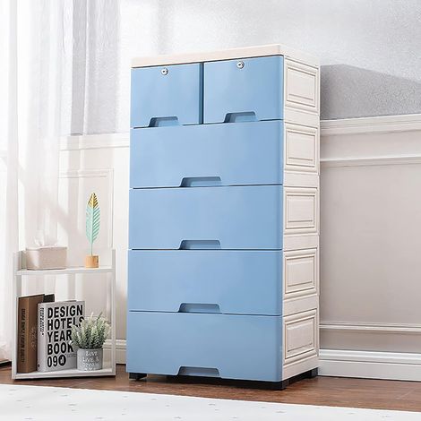 Gojoy – Armoire de rangement avec 6 tiroirs et 4 roulettes – Peu encombrante – En plastique – Dimensions 50 x 35 x 102 cm – Bleu (1/5)