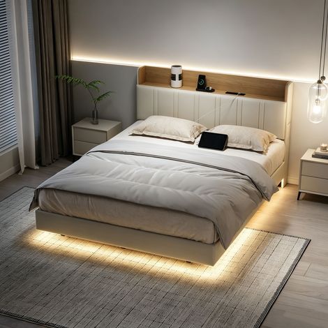 Lit Flottant 160x190 cm avec LED RGB Réglable en Ports USB, Simili Cuir PU, Sommier à lattes en bois, Effet Flottant, Facile à Assembler et Nettoyer (1/5)