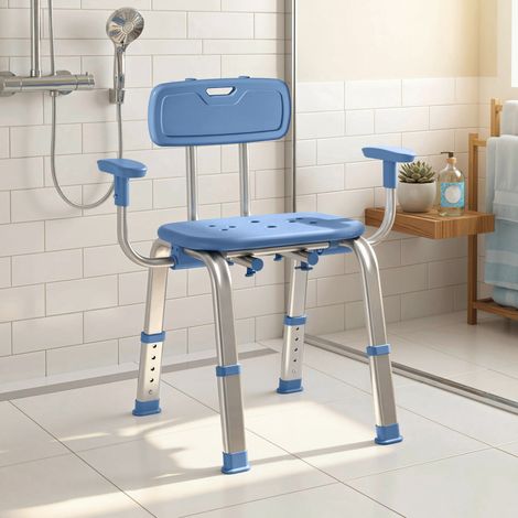 Tabouret de douche chaise de douche ergonomique avec accoudoirs. dossier. hauteur et siège réglables. bleu