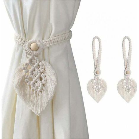2pcs Beige Button Curtain Tiebacks Leaf Curtain Tiebacks Hooks Rope Buckle Handmade Weaving Bohemian Tassel Curtain Tiebacks Home Decor MUMU (1/4)