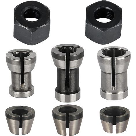 Lot de 6 mandrins de serrage en acier au carbone pour le travail du bois avec fraiseuse, fraise à graver, coupe du bois, défonceuse 6 mm, 6,35 mm, 8 mm, avec 2 écrous (1/5)