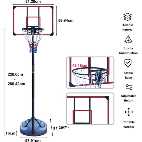 Panier de basket extérieur hauteur réglable 228,6 à 280,42cm sur roues,panneau arrière robuste amortissant pour jeunes et adultes.