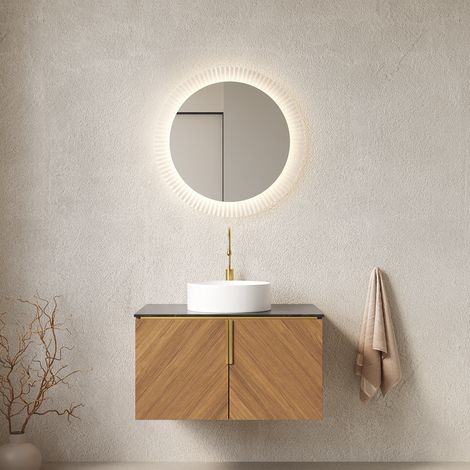 Mueble de baño 76 cm con lavabo redondo de cerámica, 2 puertas, roble marrón DESVIAE (1/5)