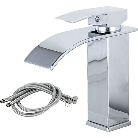 Badezimmerarmatur mit geschwungenem Wasserfallauslauf, Messing-Mischbatterie, Warm- und Kaltwasseranschluss (1/4)