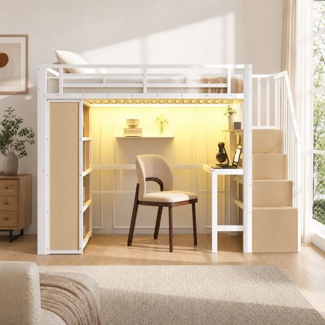 Cama alta 90x200 cm de metal y MDF con escritorio, estantes, escalera con almacenaje y luz LED inteligente, sin colchón, ideal para dormitorio juvenil moderno - CHICFURN (1/5)