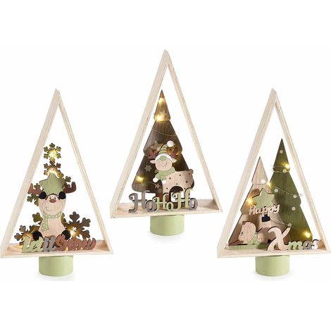 Alberi di Natale decorativi in legno con renna, scritta Xmas e luci LED da appoggiare, set da 6 pezzi, cm 16 x 4,5 x 26 H