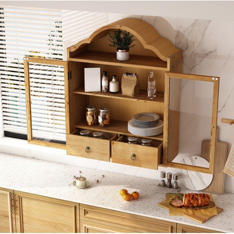 Armario de pared retro de madera y vidrio con puertas y cajones 60 x 22 x 76,5 cm natural (1/5)