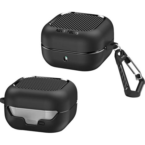 Funda con textura de fibra de carbono y mosquetón para Samsung Galaxy Buds4 / Buds4 Pro, color negro. (1/5)
