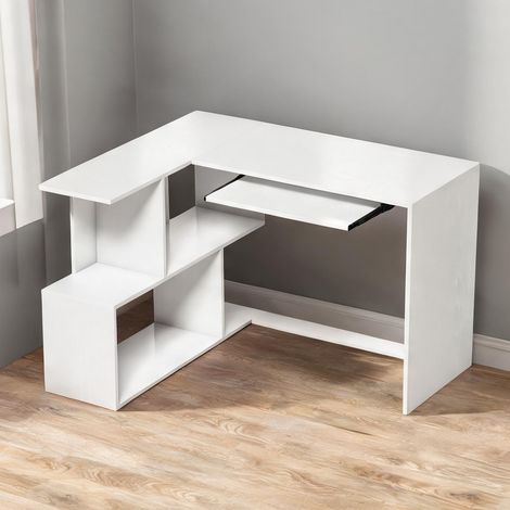 Bureau d'angle blanc effet bois avec tiroir pour clavier en bois (1/5)