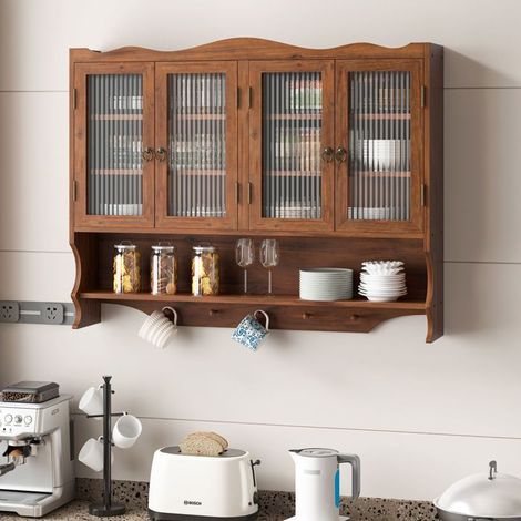 Armoire murale - WESTYLE - Rétro - 4 portes - Bois massif & verre - 2 niveaux de rangement (1/5)