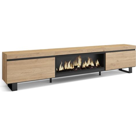 Skraut Home – Meuble TV avec cheminée électrique XXL – Grand espace de rangement 267x35x57cm – Design industriel en chêne et noir (1/5)