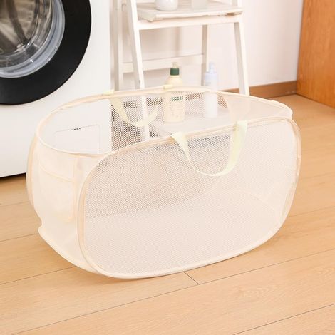 Panier à linge pliable, corbeille pop-up avec poignée, beige pour salle de bain, chambre, buanderie, voyage.